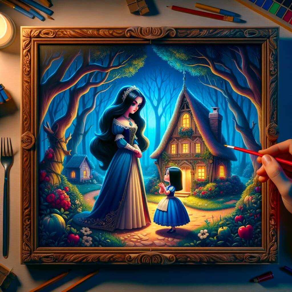 Une illustration destinée aux enfants représentant une jeune fille aux longs cheveux noirs, vêtue d'une robe bleue, qui vit dans une petite maison en bois au milieu d'une forêt enchantée, et qui se retrouve confrontée à une méchante belle-mère qui ne pense qu'à sa propre beauté et qui la maltraite.