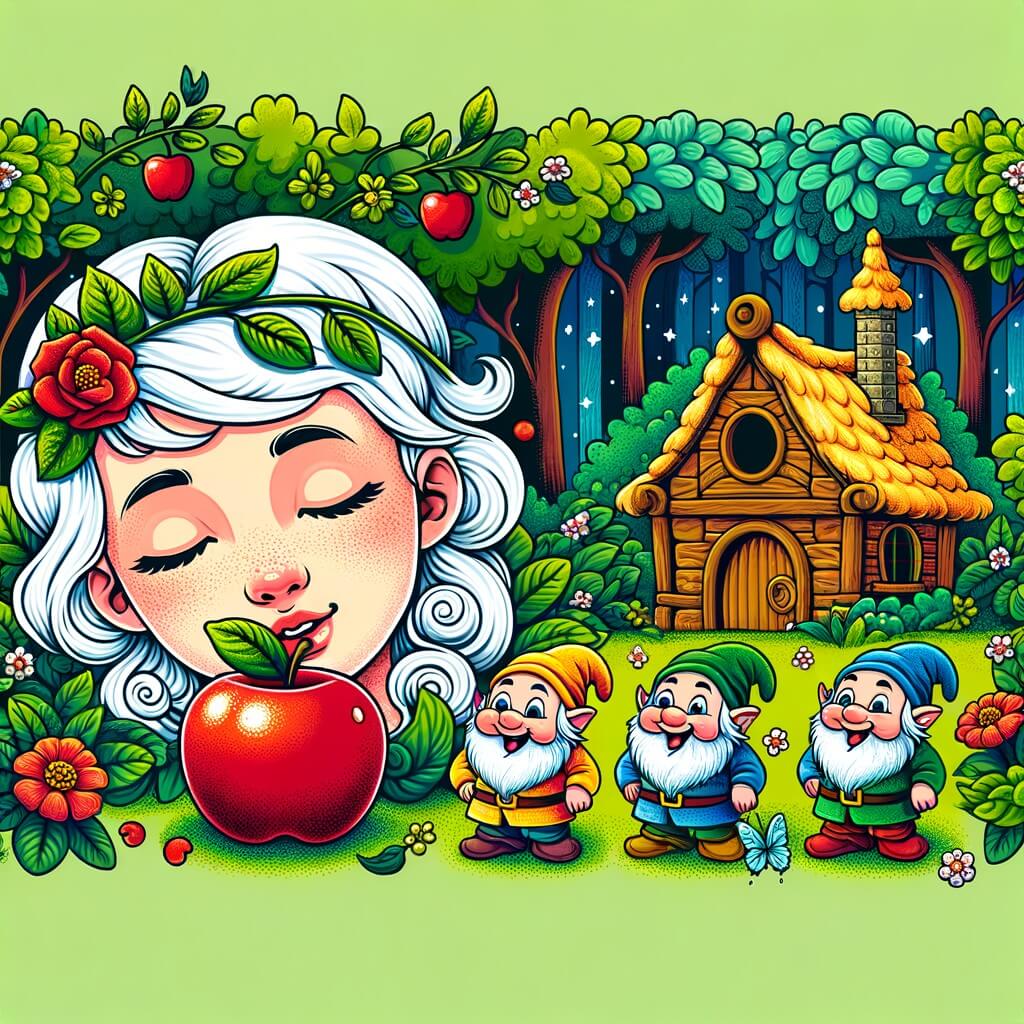 Une illustration destinée aux enfants représentant une jeune fille au teint aussi pur que la neige, plongée dans un sommeil profond après avoir croqué une pomme empoisonnée, accompagnée par de joyeux nains dans leur charmante maisonnette au cœur de la forêt enchantée.