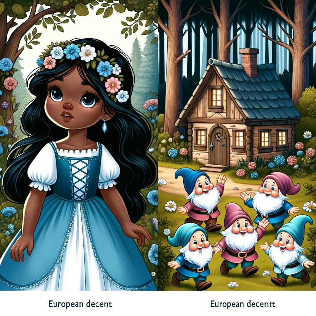 Une illustration destinée aux enfants représentant une jeune fille aux cheveux noirs comme l'ébène, vêtue d'une robe bleue, qui se retrouve perdue dans une forêt enchantée où elle découvre une charmante maisonnette habitée par sept adorables nains.