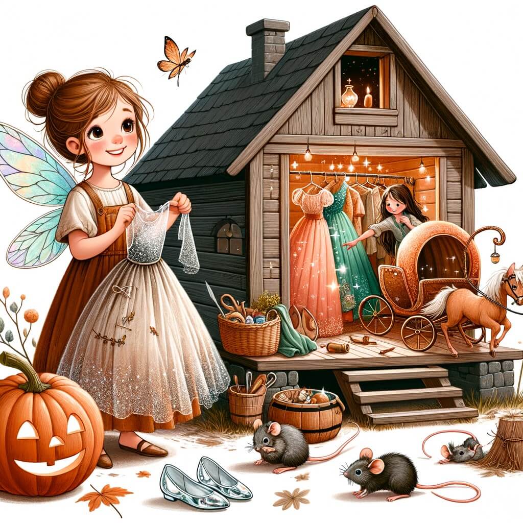 Une illustration destinée aux enfants représentant une jeune fille aux cheveux bruns, vêtue d'une robe en lambeaux, accomplissant de nombreuses tâches ménagères dans une petite maison en bois, tandis qu'une fée bienveillante lui offre une robe scintillante et des chaussures en verre magiques, dans un décor enchanteur avec une citrouille transformée en carrosse et des souris devenues chevaux, prête à se rendre à un bal royal.