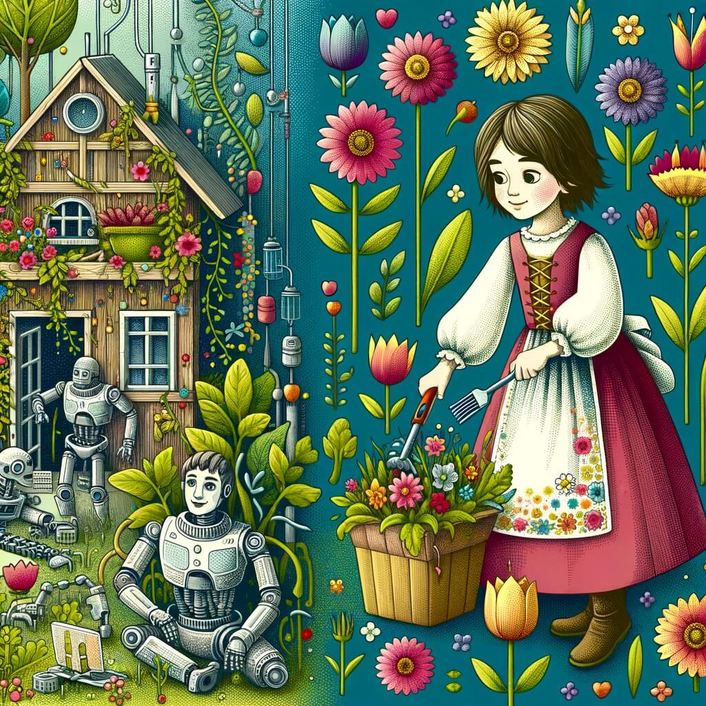 Une illustration pour enfants représentant une jeune fille aux vêtements usés, travaillant dur dans une maison futuriste remplie de robots, qui décide de créer un avenir meilleur pour tous en cultivant un jardin secret écologique.