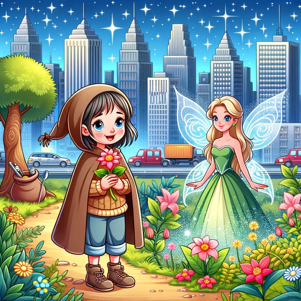 Une illustration pour enfants représentant une jeune fille courageuse et optimiste, maltraitée par sa belle-mère et ses deux filles, qui rêve d'un avenir meilleur dans une ville moderne entourée de gratte-ciel et de routes encombrées.