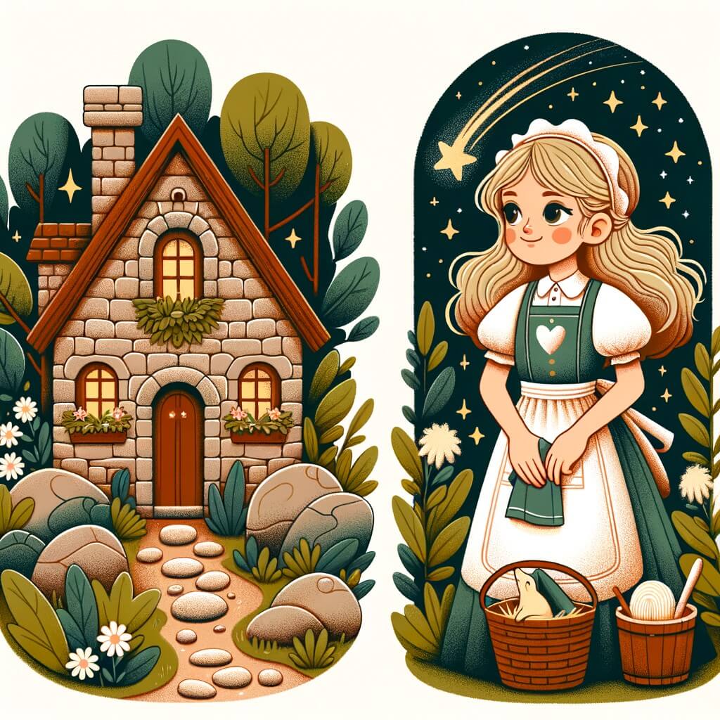 Une illustration destinée aux enfants représentant une jeune fille au cœur d'or, vêtue d'une robe simple mais élégante, accomplissant des tâches ménagères dans une maison en pierre, entourée d'une belle nature florissante, tandis qu'une étoile filante brille intensément dans le ciel étoilé.