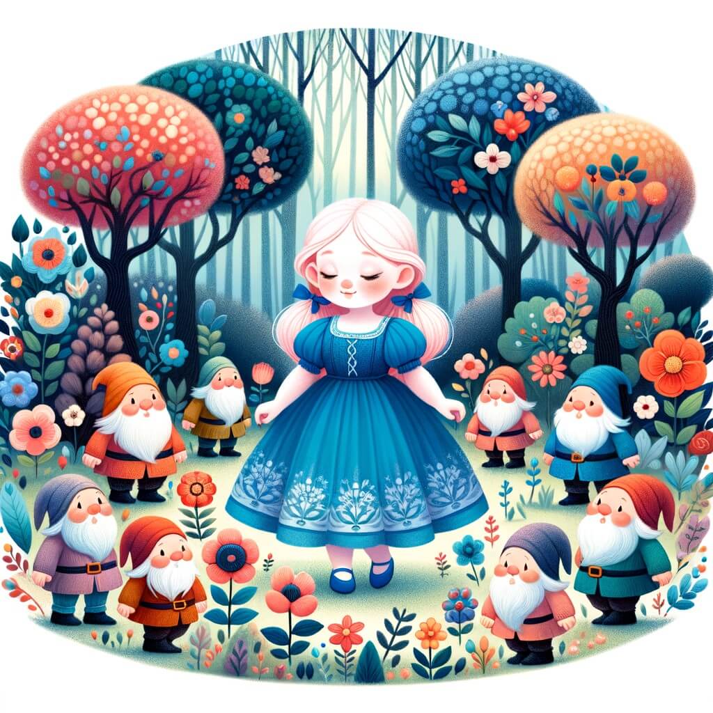 Une illustration pour enfants représentant une jeune fille au cœur pur, confrontée à l'égoïsme et à la vanité, dans un village enchanté entouré de forêts mystérieuses.