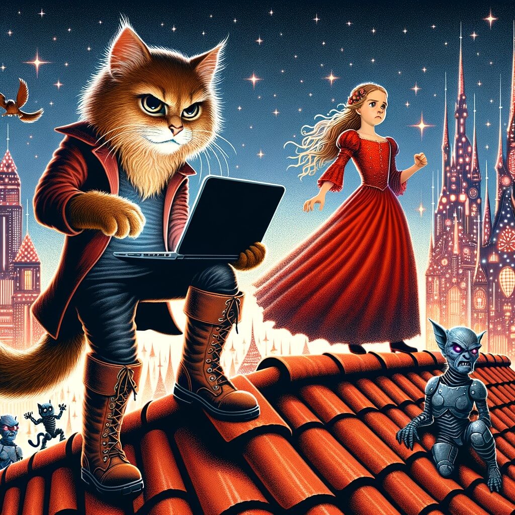 Une illustration pour enfants représentant un chat malin avec des bottes, qui se retrouve embarqué dans une aventure fantastique pour sauver le monde futuriste, dans un royaume où les robots règnent en maîtres.