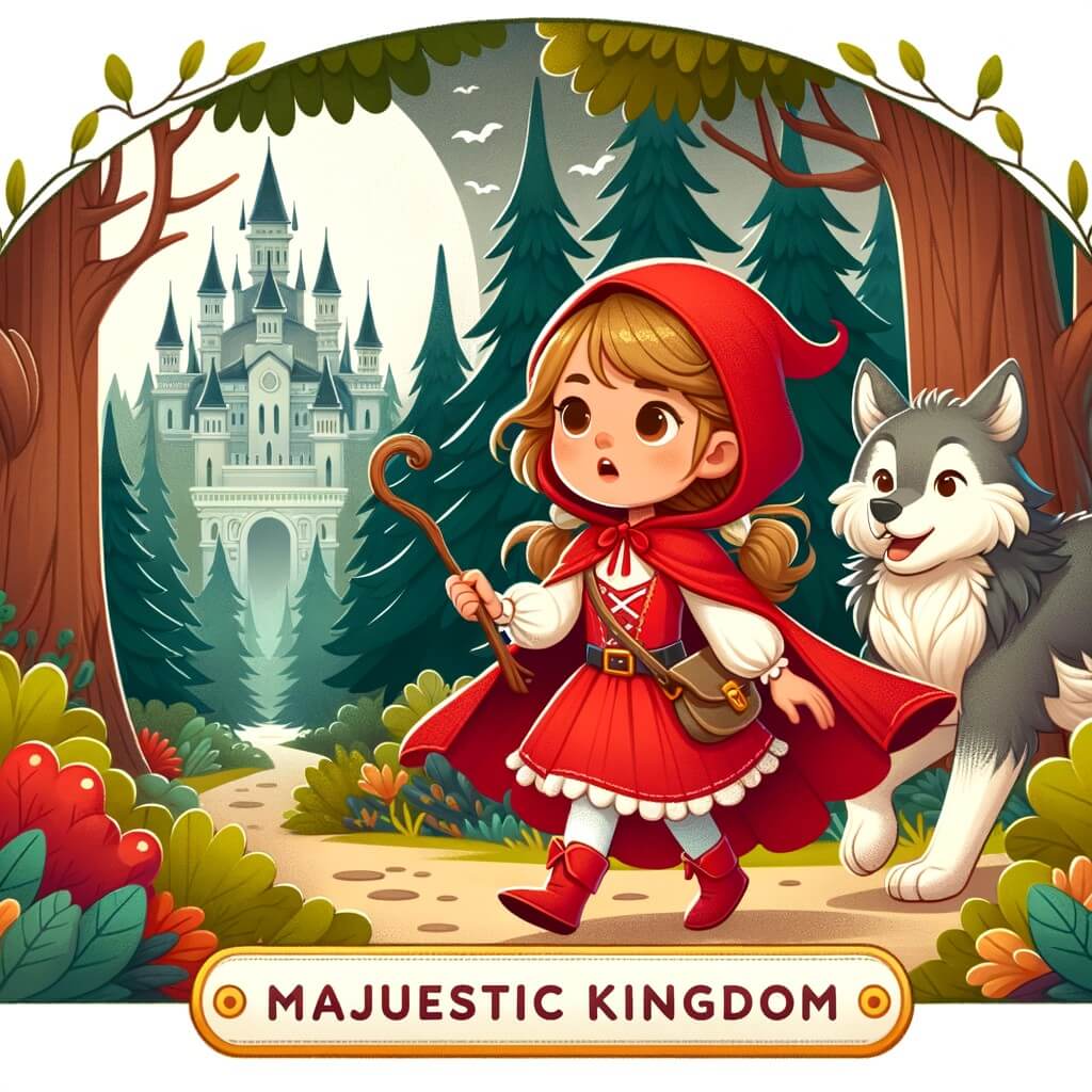 Une illustration pour enfants représentant une jeune fille courageuse portant un chaperon rouge, qui doit traverser une forêt mystérieuse pour transmettre un message important au roi dans la capitale du pays.