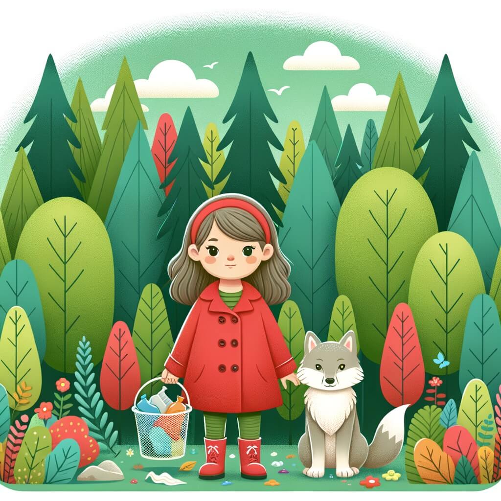 Une illustration pour enfants représentant une petite fille courageuse, vêtue d'un manteau rouge, qui lutte contre la destruction de la forêt et sensibilise les humains à la protection de l'environnement, dans une forêt futuriste.