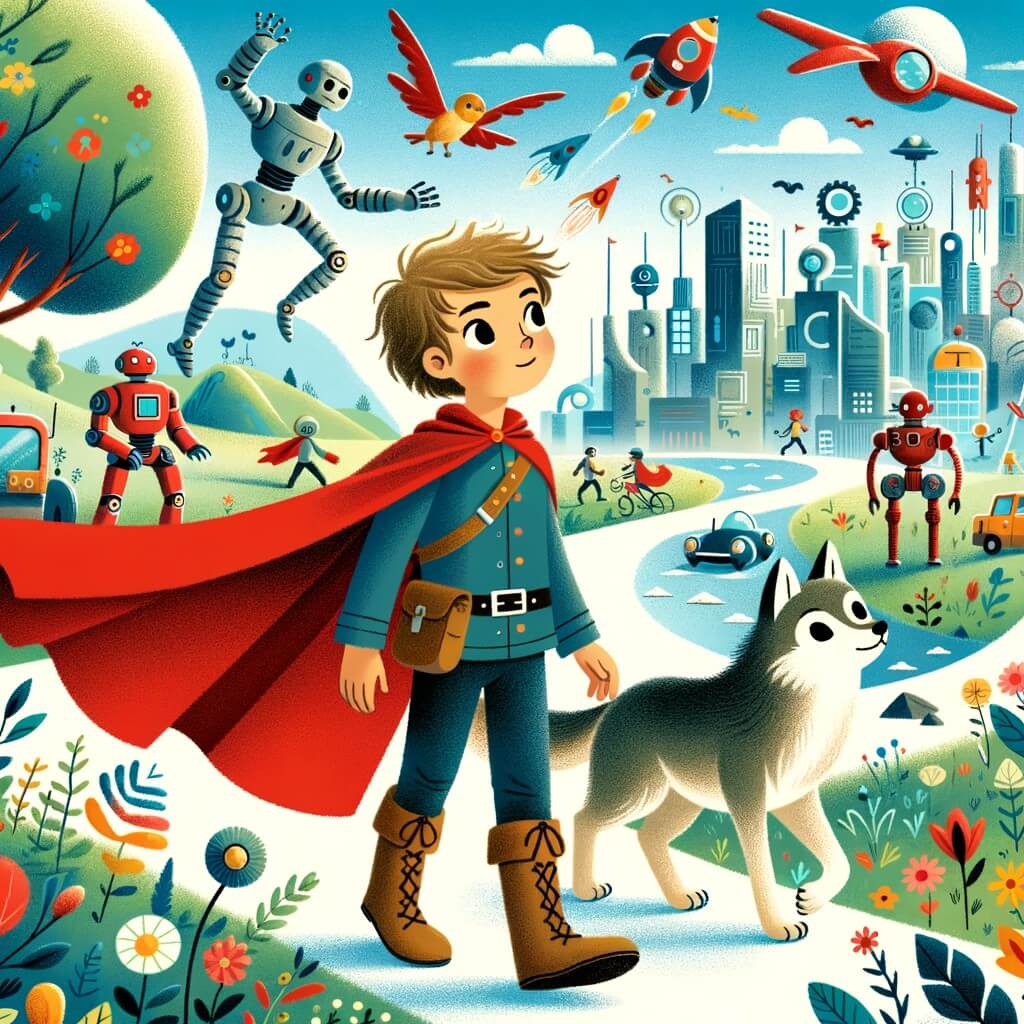 Une illustration pour enfants représentant une jeune fille courageuse et déterminée, voulant sauver la nature, dans un monde futuriste rempli de robots et de voitures volantes.