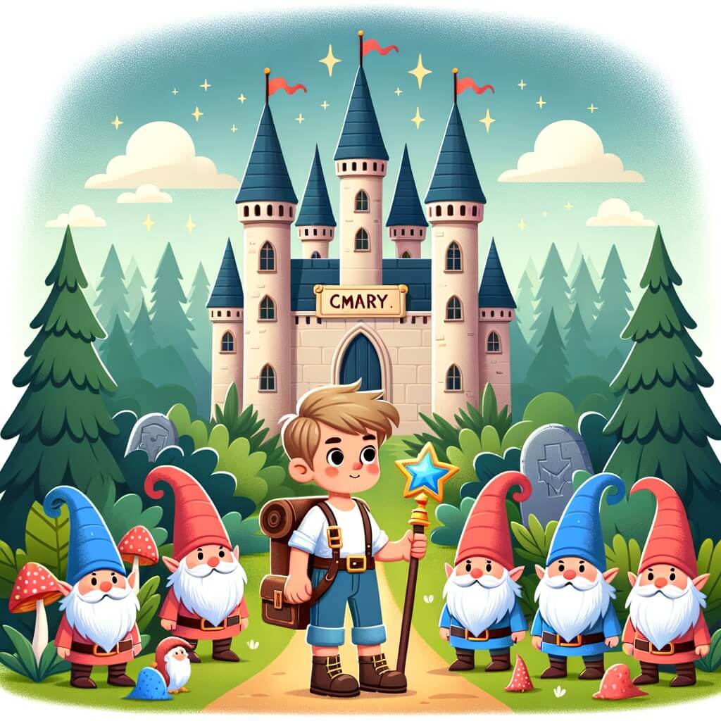 Une illustration pour enfants représentant un jeune aventurier malin et courageux se trouvant dans une forêt enchantée où il devra trouver une baguette magique pour sauver un royaume opprimé par un roi cruel.