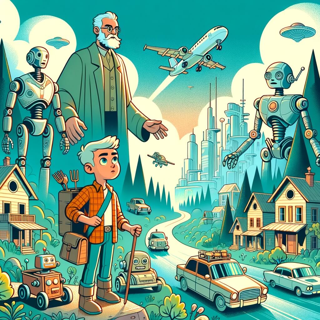 Une illustration pour enfants représentant un petit garçon malin et courageux, se battant pour sauver la forêt contre les riches, dans un monde futuriste aux bâtiments hauts et aux voitures volantes.
