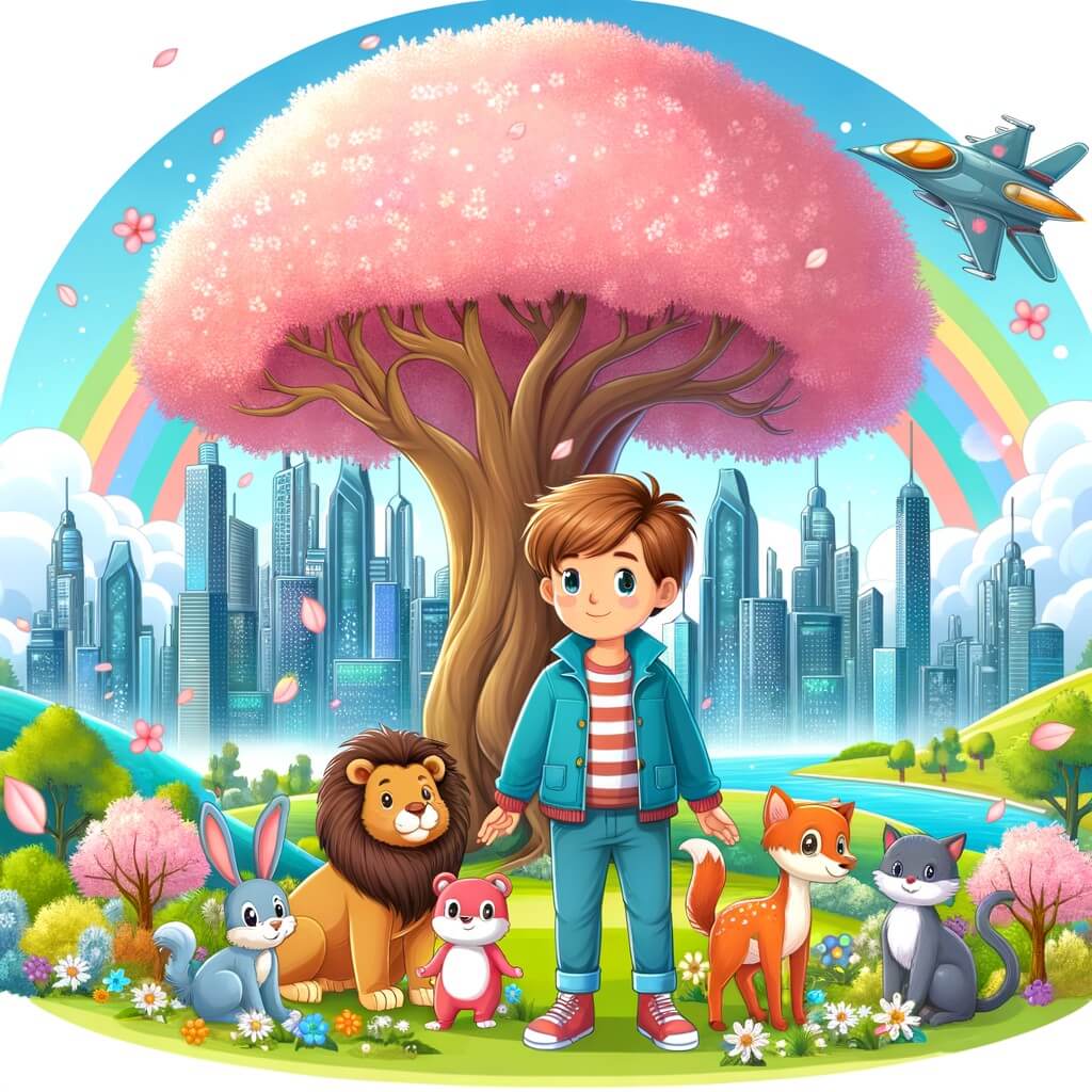 Une illustration destinée aux enfants représentant un petit garçon aux habits colorés, se tenant devant un immense arbre fleuri, accompagné d'animaux joyeux, dans une ville futuriste faite de gratte-ciel étincelants et de voitures volantes.
