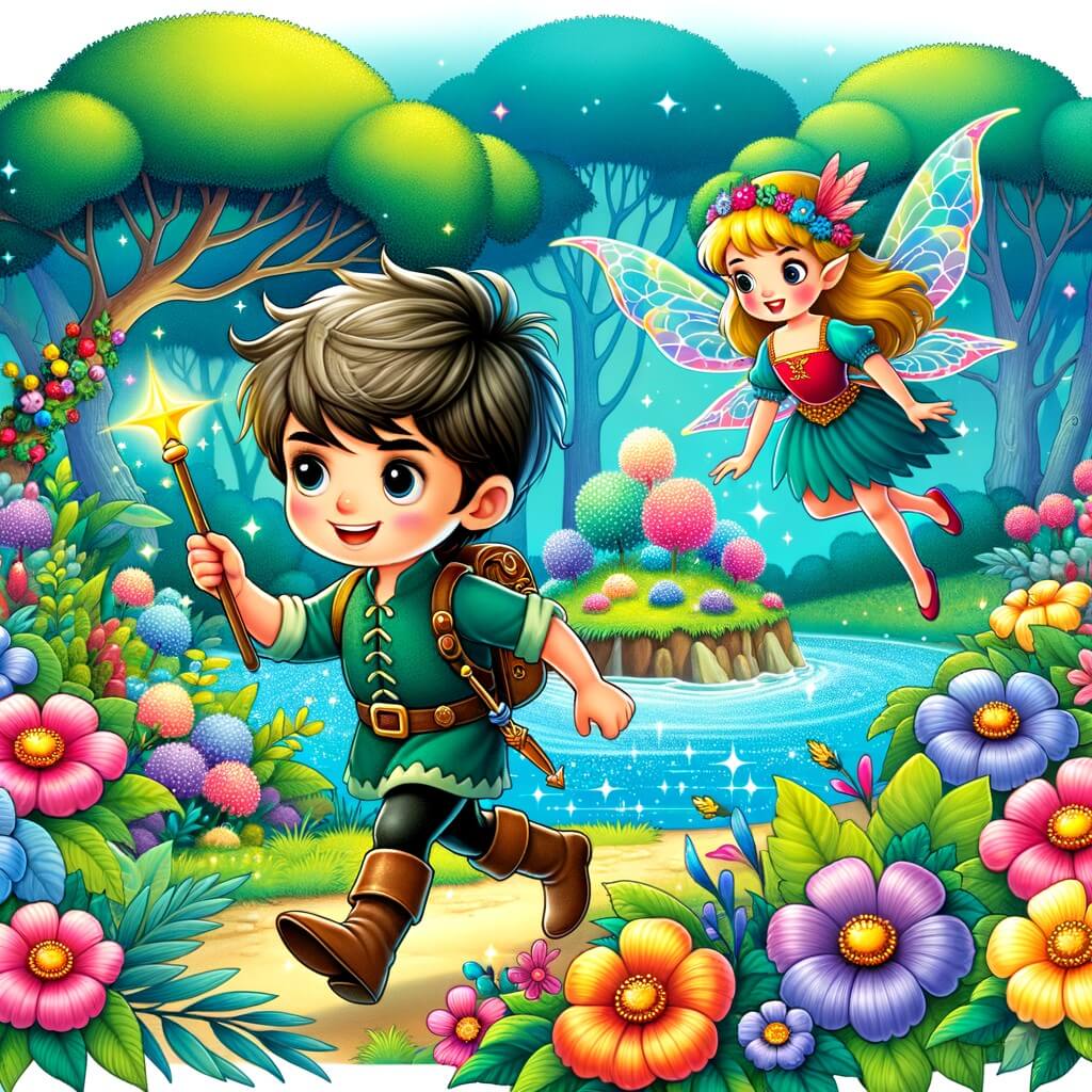 Une illustration destinée aux enfants représentant un petit héros malicieux, perdu dans une forêt enchantée, accompagné d'une fée mystérieuse, cherchant une île enchantée au milieu d'un lac scintillant rempli de fleurs multicolores.