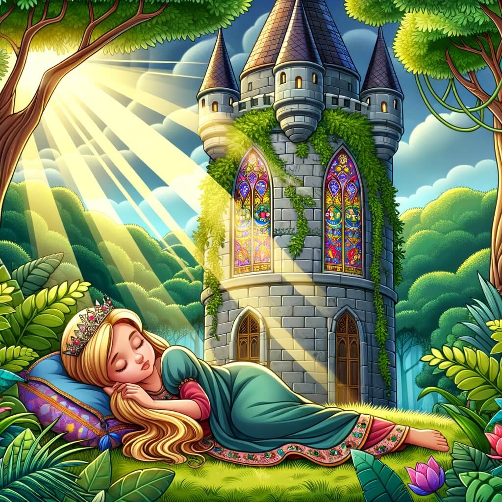Une illustration destinée aux enfants représentant une jeune princesse endormie dans une magnifique tour en pierre, entourée de végétation luxuriante, tandis que des rayons de soleil filtrent à travers les vitraux colorés, créant une atmosphère enchantée.