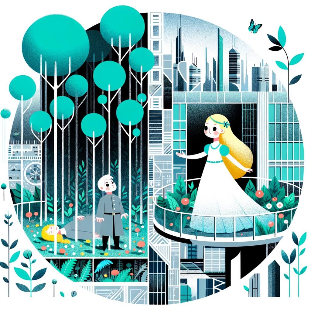 Une illustration destinée aux enfants représentant une jeune fille endormie depuis des siècles, prisonnière d'une forêt dense et impénétrable, avec pour seul compagnon un prince égaré qui tombe amoureux d'elle et décide de briser la malédiction, dans une mégalopole moderne et futuriste où la nature reprend ses droits.
