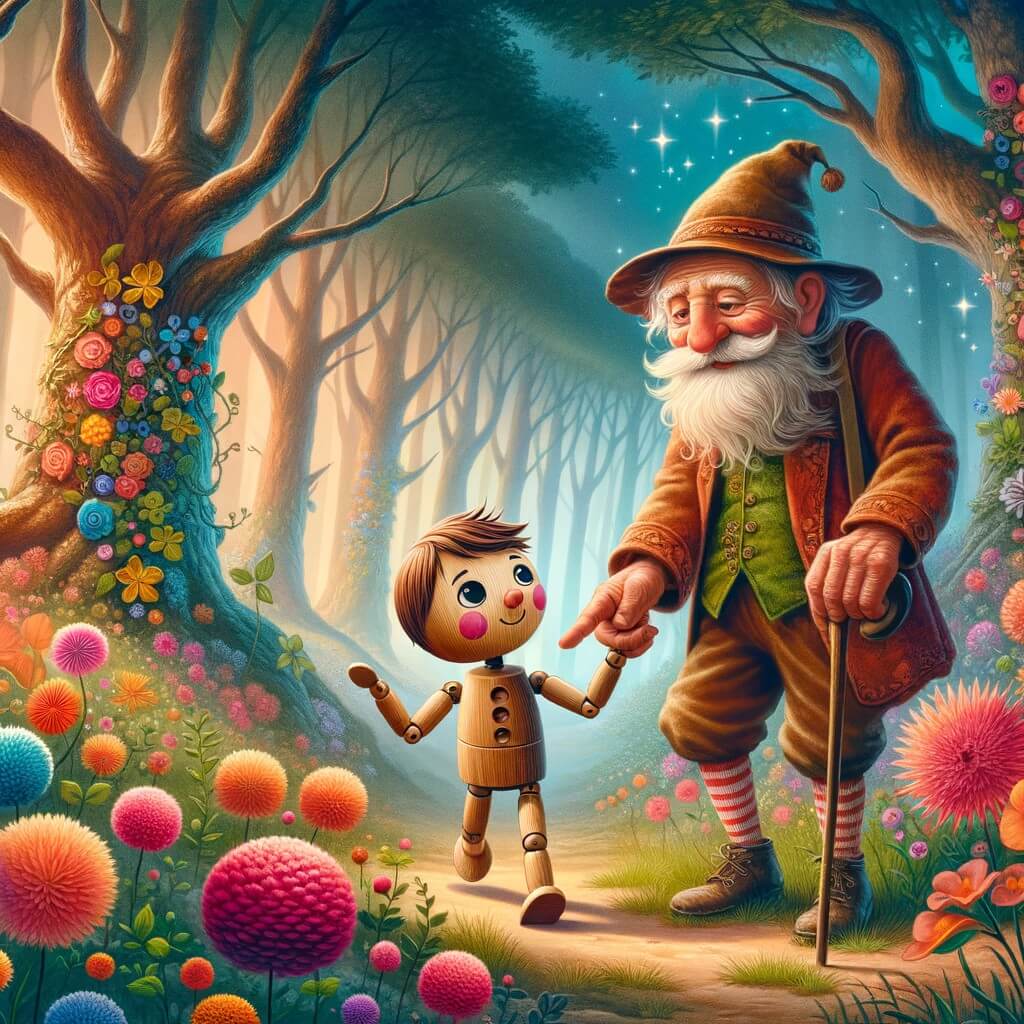 Une illustration destinée aux enfants représentant un petit pantin de bois, animé et curieux, se trouvant dans une forêt enchantée, accompagné d'un vieux menuisier bienveillant, entouré de fleurs colorées et d'arbres majestueux.