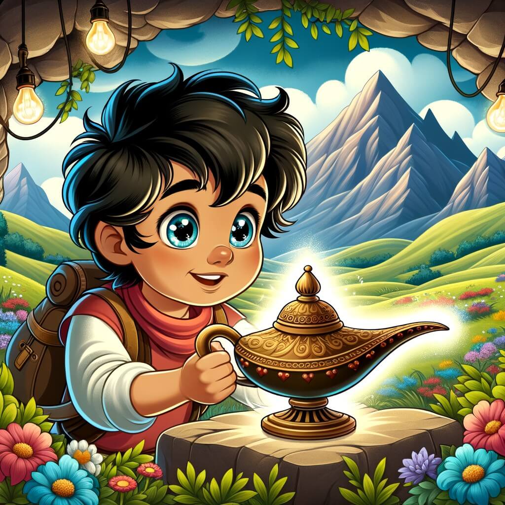 Une illustration pour enfants représentant un jeune aventurier malicieux, plongé dans une quête excitante à la recherche d'un trésor magique, dans un royaume lointain et mystérieux.