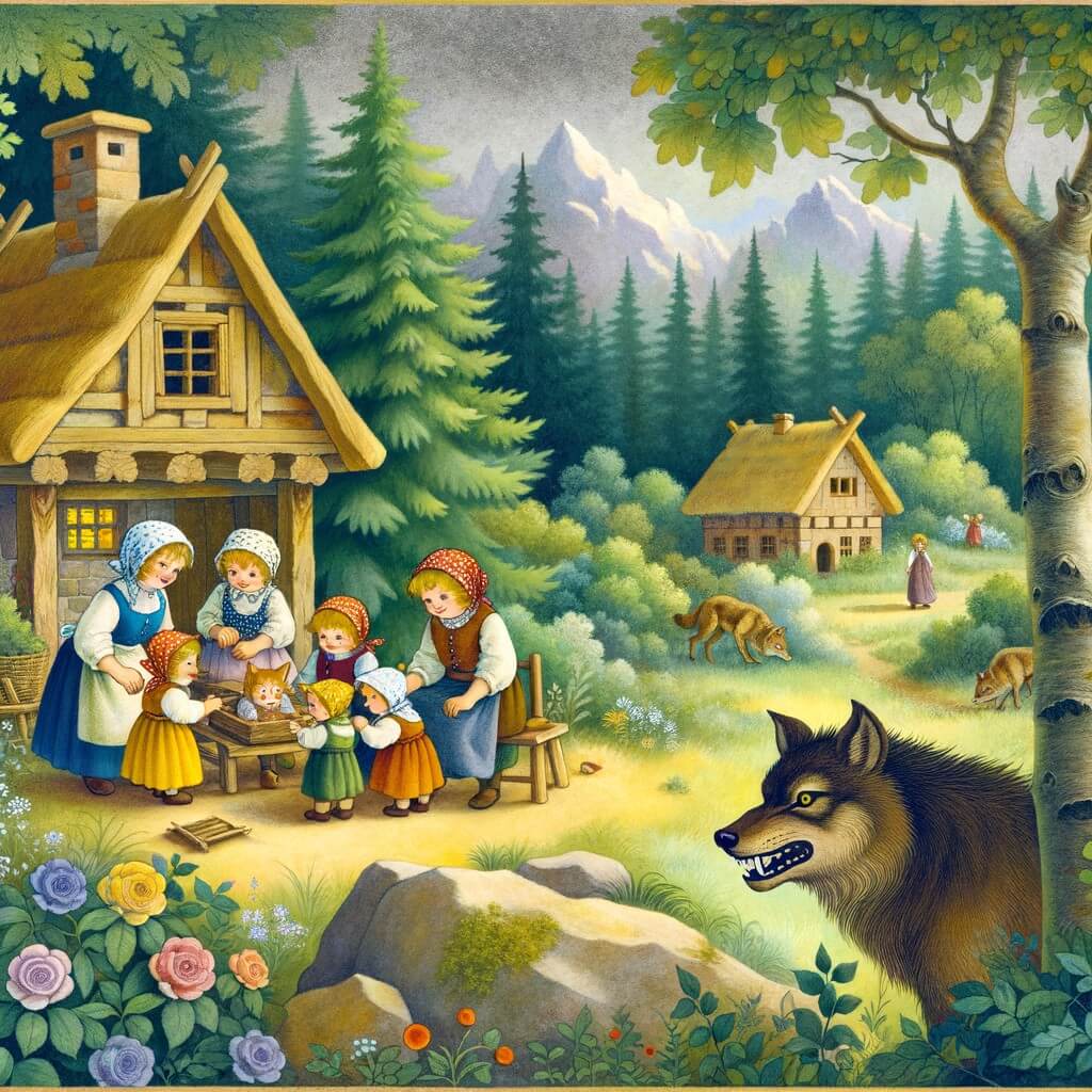 Une illustration destinée aux enfants représentant un adorable cochonnet, entouré de ses frères et de leur maman, construisant courageusement leurs maisons dans une charmante clairière de la forêt enchantée, tandis qu'un loup féroce rôde à proximité.