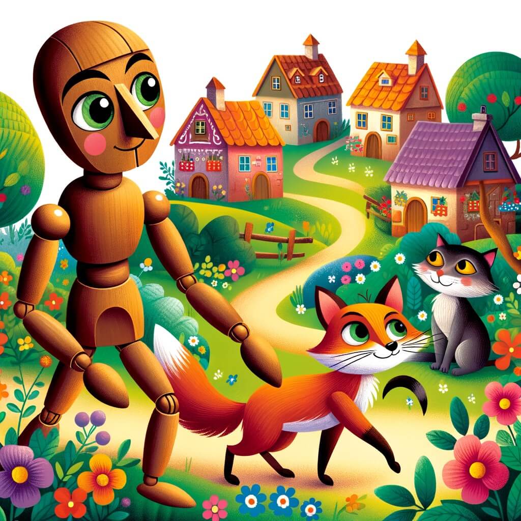 Une illustration pour enfants représentant une marionnette de bois, animée par la magie, qui se perd dans un monde dangereux et trompeur, à la recherche de richesse et de succès, dans un petit village pittoresque.