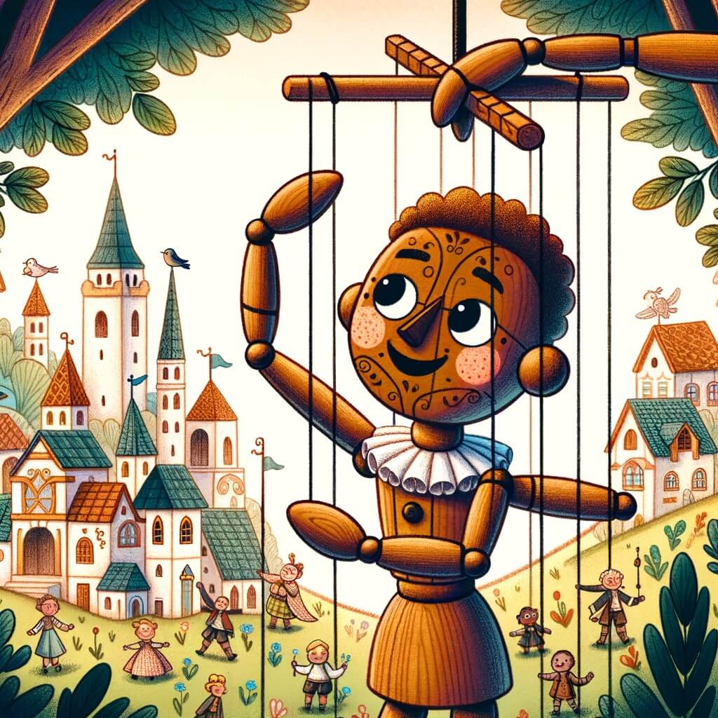 Une illustration pour enfants représentant un pantin en bois, prisonnier de ses propres mensonges, dans un village enchanté nommé Marécoville.