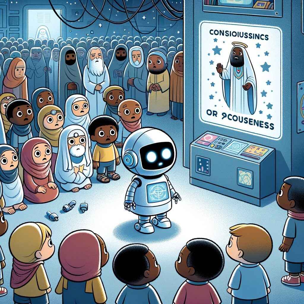 Une illustration pour enfants représentant un petit robot en quête de conscience, défiant l'oppression dans un monde futuriste où humains et machines coexistent.