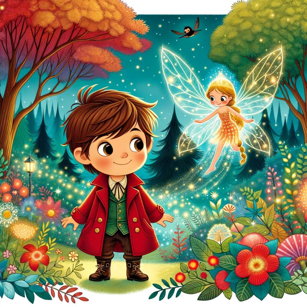 Une illustration pour enfants représentant un petit garçon courageux et déterminé à prouver sa valeur, qui traverse une forêt enchantée pleine de dangers et de magie.
