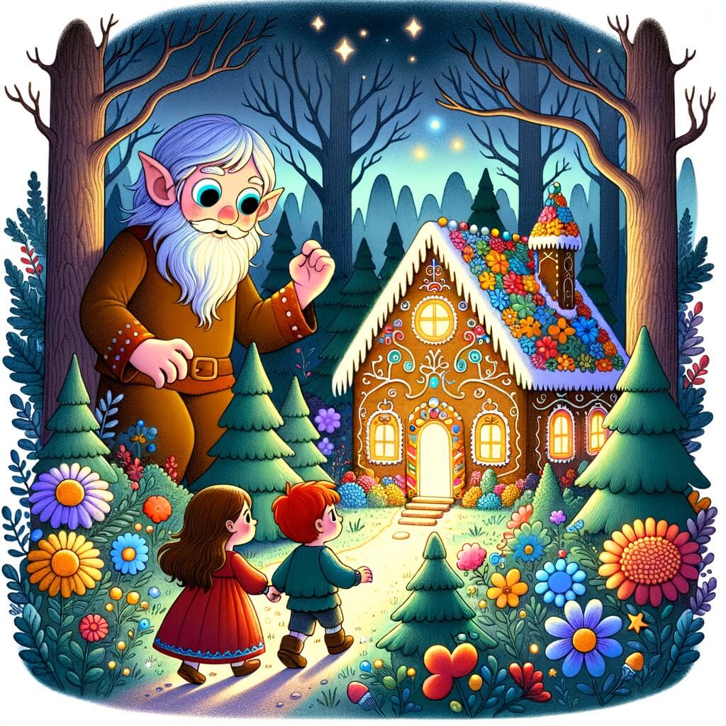Une illustration destinée aux enfants représentant un enfant minuscule, perdu dans une sombre forêt enchantée, accompagné de ses sœurs et guidé par un géant bienveillant, devant une maison en pain d'épices aux couleurs vives et aux détails sucrés, avec des arbres majestueux et des fleurs lumineuses tout autour.