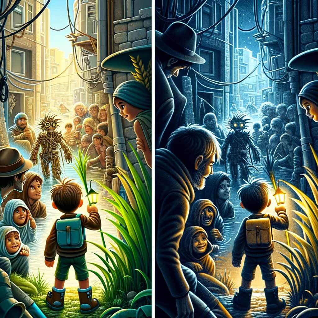 Une illustration destinée aux enfants représentant un jeune aventurier, aussi petit qu'un brin d'herbe, découvrant une ville scintillante peuplée de personnages aux gadgets étranges, tandis qu'il vient en aide à un groupe de sans-abris dans une ruelle sombre et étroite.