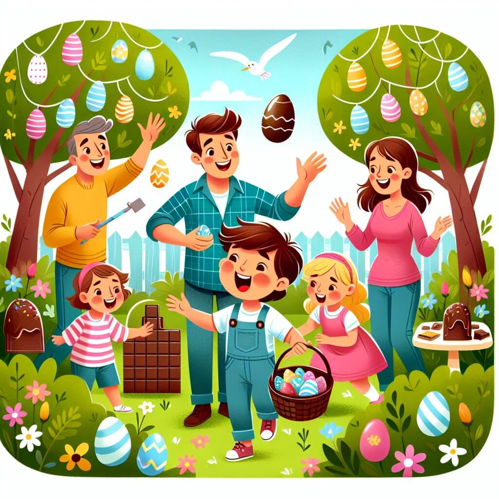 Une illustration destinée aux enfants représentant un petit garçon plein d'enthousiasme, entouré de sa famille, dans un magnifique jardin printanier, où ils décorent des oeufs de Pâques avant de partir à la chasse aux trésors chocolatés.