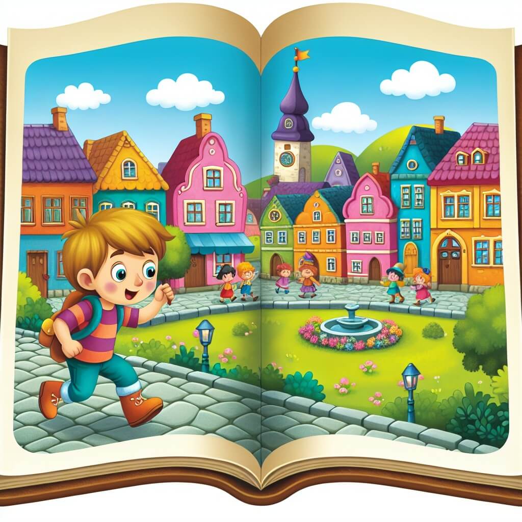 Une illustration destinée aux enfants représentant un petit garçon curieux et plein d'énergie, qui cherche à percer les mystères de la Saint-Valentin, accompagné de ses amis, dans une petite ville pittoresque avec des maisons colorées, des rues pavées et un parc verdoyant.