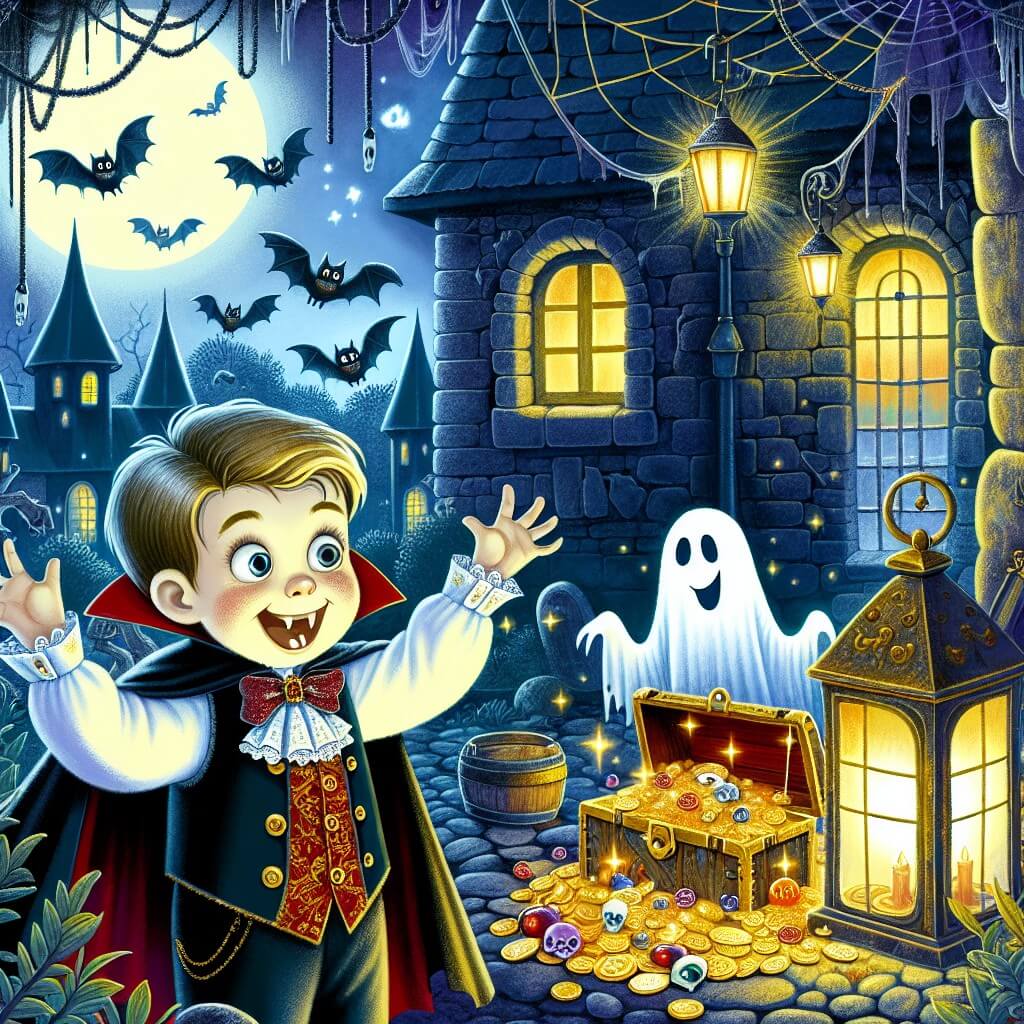 Une illustration destinée aux enfants représentant un petit garçon plein d'enthousiasme, vêtu d'un costume de vampire, découvrant un trésor magique en compagnie d'un fantôme amical, dans une maison hantée aux murs recouverts de toiles d'araignées et de chauves-souris, éclairée par une lanterne vacillante.