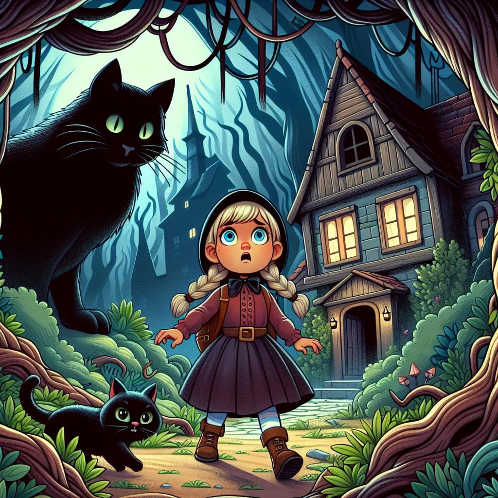 Une illustration destinée aux enfants représentant une petite fille courageuse et intrépide, se retrouvant coincée dans une sombre et effrayante maison hantée, accompagnée d'un mystérieux chat noir, dans un village perdu au milieu d'une forêt dense, où les arbres tordus et les ombres menaçantes créent une atmosphère terrifiante.