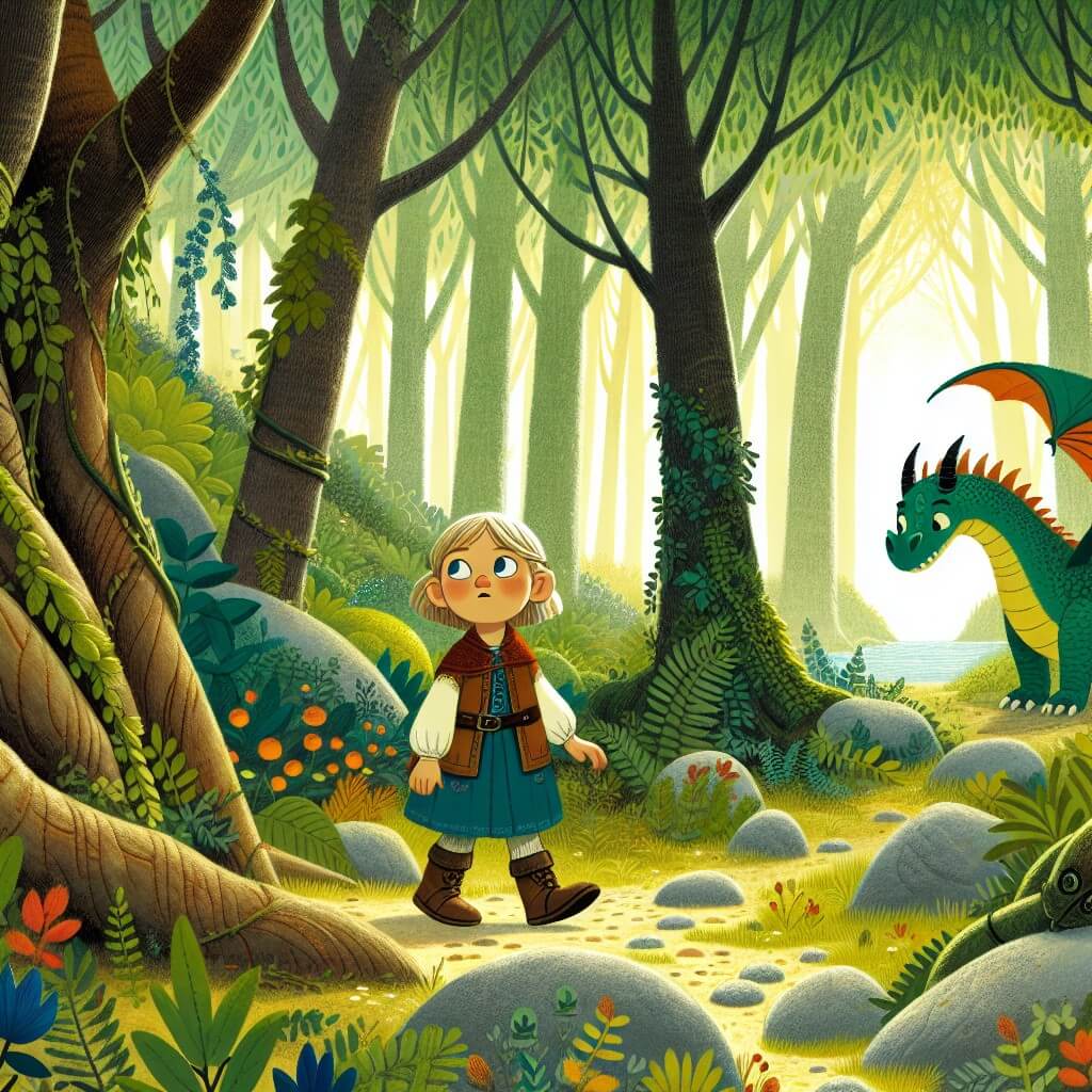 Une illustration destinée aux enfants représentant une petite fille curieuse et imaginative, accompagnée d'un dragon maladroit, explorant une clairière enchantée cachée au cœur d'une forêt luxuriante.