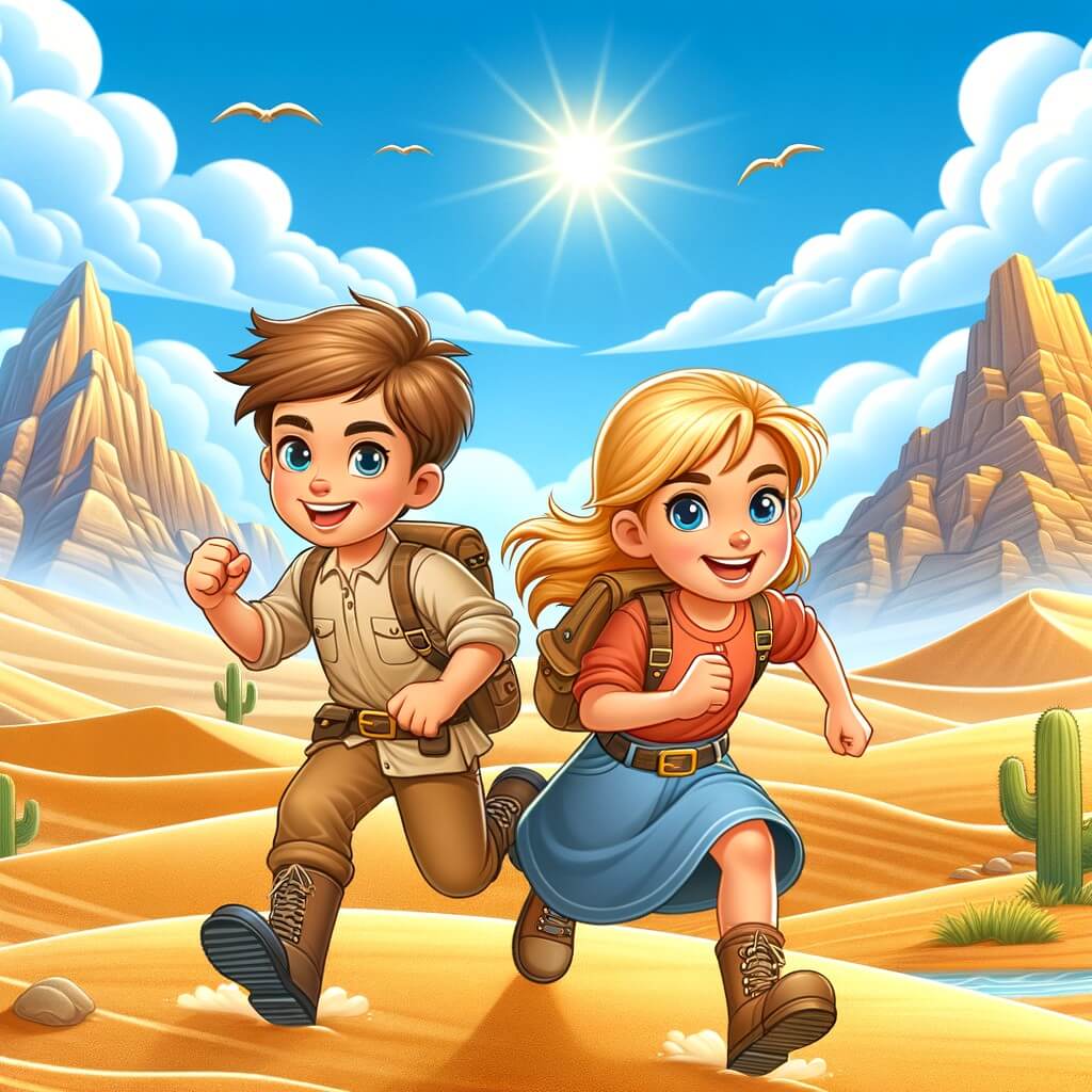 Une illustration destinée aux enfants représentant un petit garçon intrépide, accompagné d'une petite fille courageuse, explorant un désert aride avec des dunes de sable doré et un ciel bleu azur.