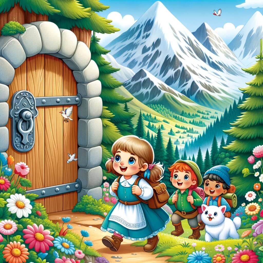 Une illustration pour enfants représentant une petite fille courageuse et curieuse, se tenant devant une mystérieuse porte en bois cachée au sommet d'une montagne enneigée.