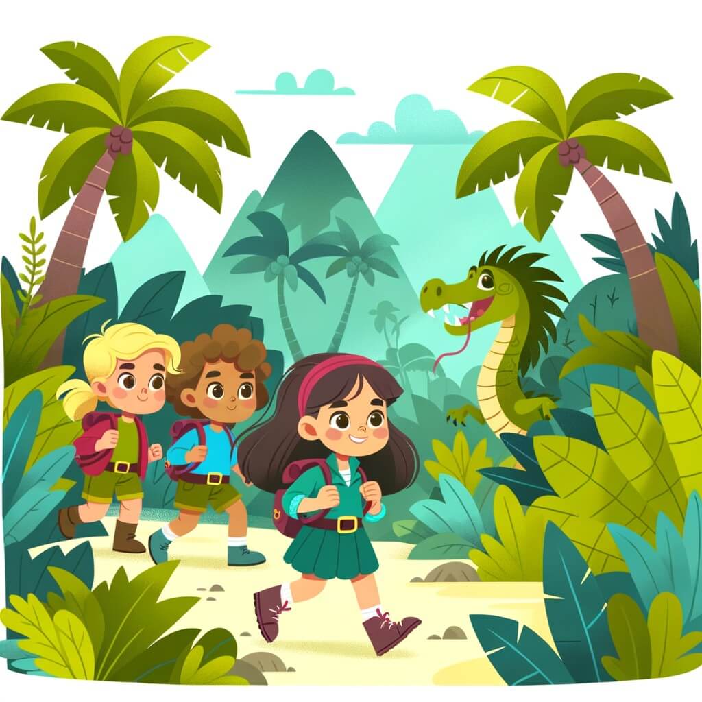 Une illustration destinée aux enfants représentant une petite fille intrépide et courageuse, accompagnée de ses amis, partant à l'aventure dans une jungle luxuriante, à la recherche d'un trésor légendaire.
