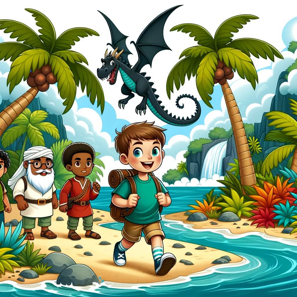 Une illustration destinée aux enfants représentant un petit garçon intrépide, accompagné de ses amis, explorant une île tropicale luxuriante à la recherche d'un dragon mythique.