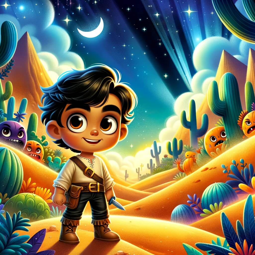 Une illustration pour enfants représentant un petit garçon courageux se trouvant au milieu d'un désert mystérieux et exotique, prêt à vivre une incroyable aventure.