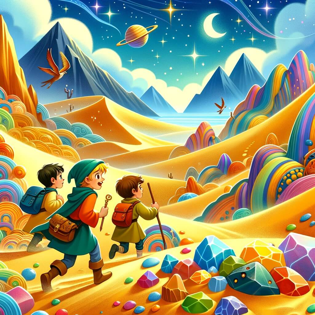 Une illustration destinée aux enfants représentant un petit garçon intrépide, accompagné de ses amis, explorant un désert mystérieux et vibrant, parsemé de dunes de sable mouvantes et de rochers colorés, à la recherche d'un trésor légendaire.