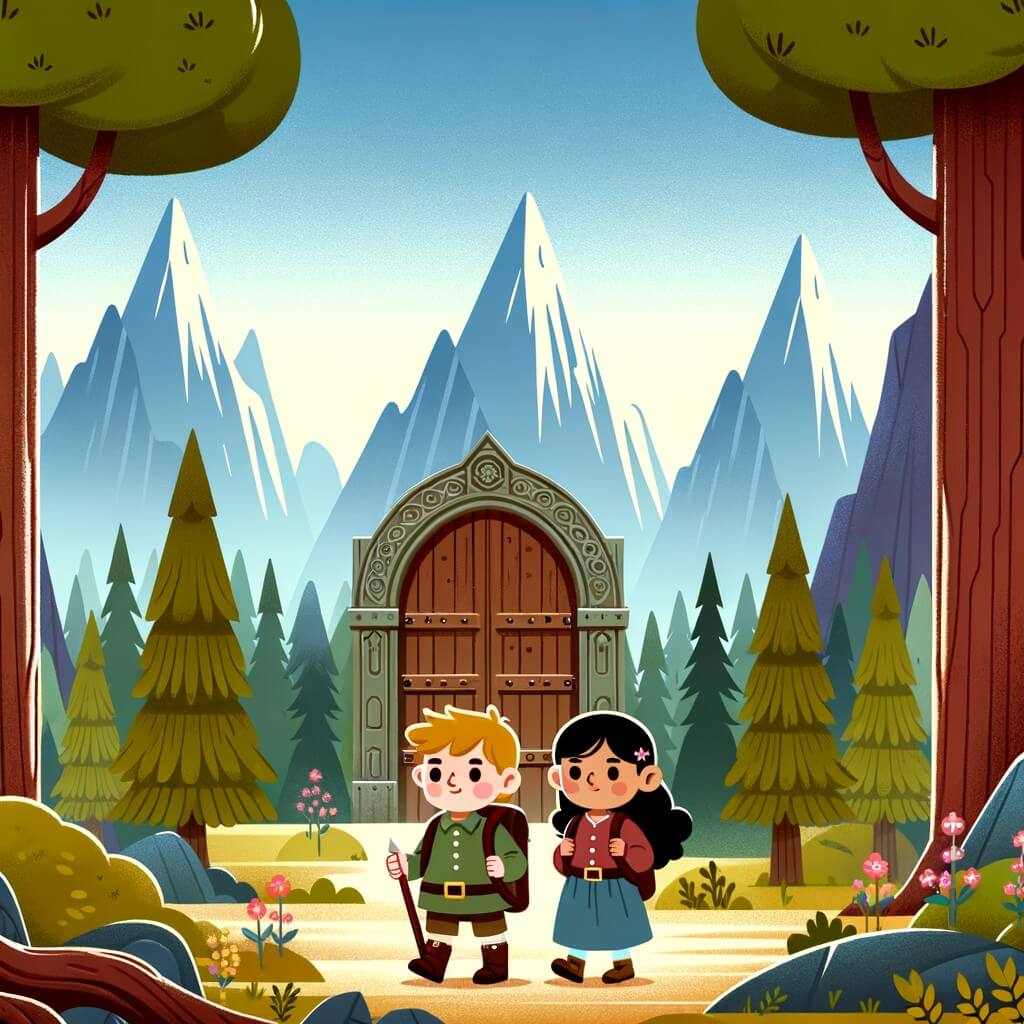 Une illustration pour enfants représentant un jeune garçon intrépide, sur le point de partir à l'aventure dans une forêt mystérieuse entourée de montagnes.