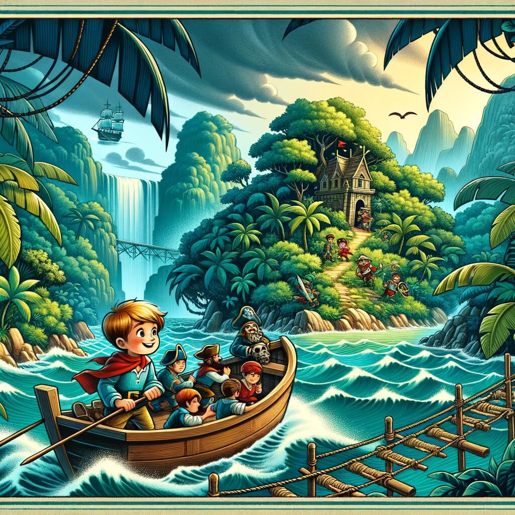 Une illustration destinée aux enfants représentant un petit garçon intrépide, accompagné de ses amis, naviguant sur un petit bateau au milieu d'une mer déchaînée, en quête d'un trésor caché dans une île tropicale luxuriante et mystérieuse, remplie de jungles denses et de ponts en corde instables, où ils doivent affronter des pirates maléfiques pour atteindre le cœur de la jungle et découvrir enfin le coffre-fort renfermant leur précieux trésor.