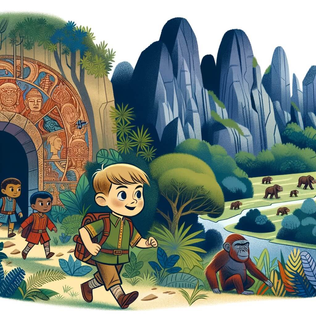 Une illustration pour enfants représentant un petit garçon courageux et curieux se lançant dans une aventure sur une île mystérieuse pleine de défis.