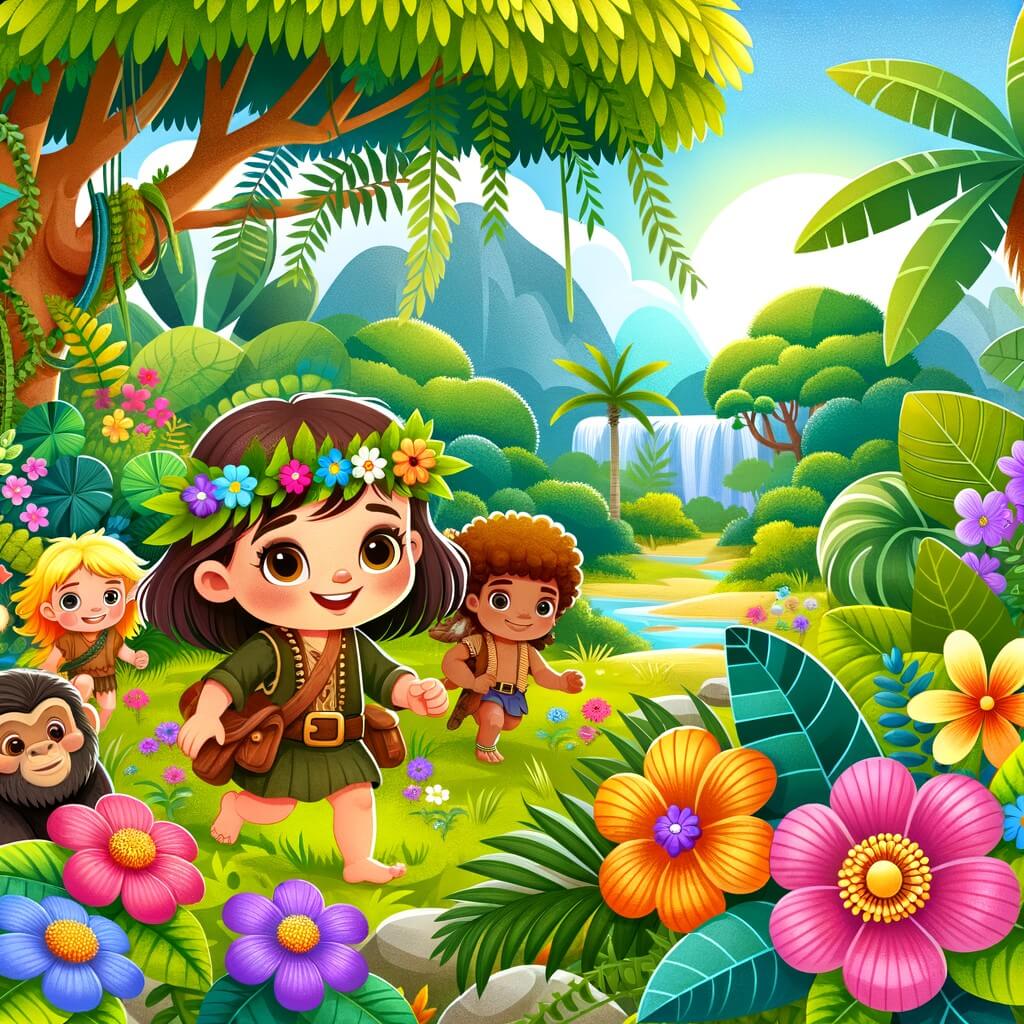 Une illustration destinée aux enfants représentant une petite fille intrépide, accompagnée de ses amis, explorant une jungle luxuriante parsemée de fleurs éclatantes et d'arbres majestueux.