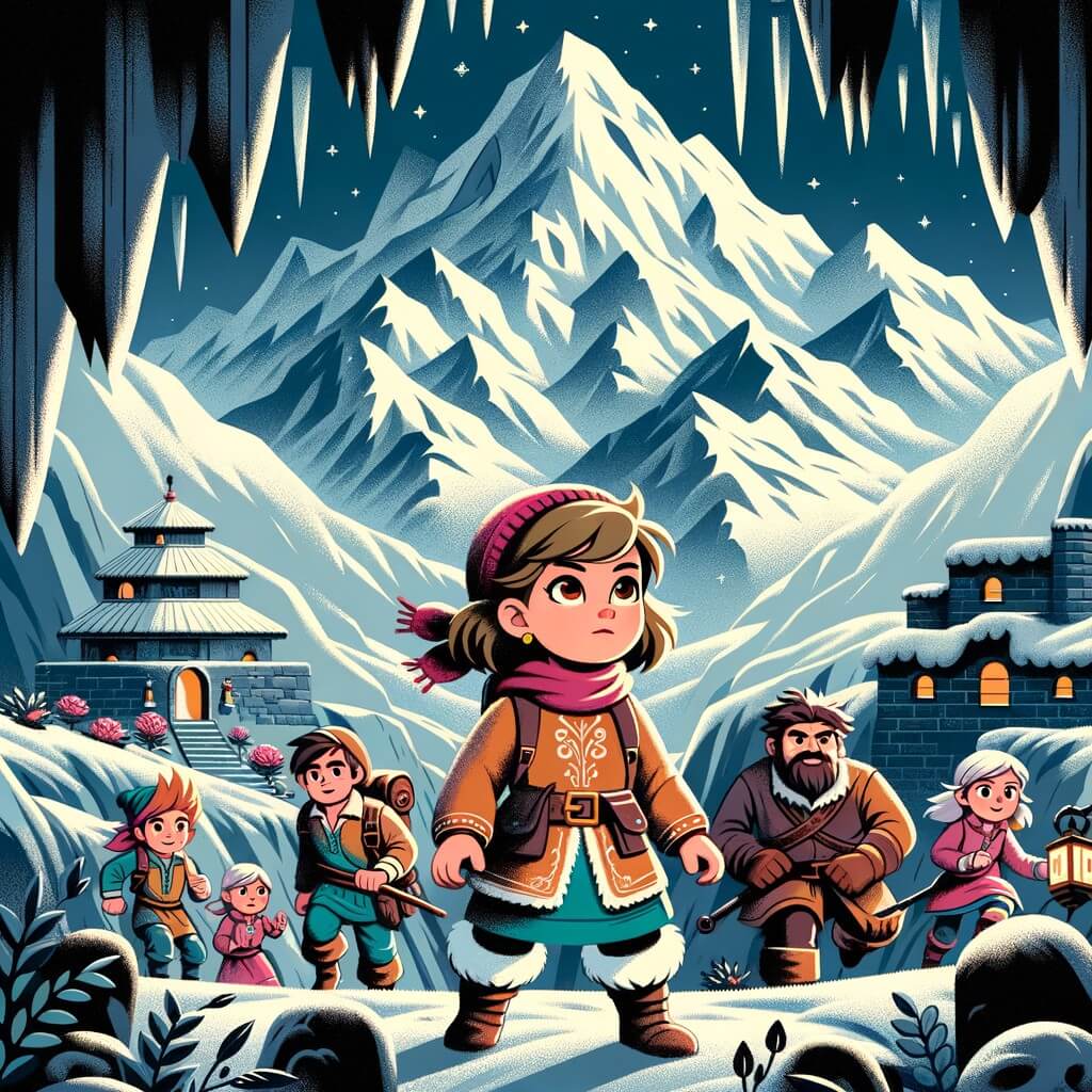 Une illustration destinée aux enfants représentant une petite fille courageuse et intrépide, accompagnée de ses amis, explorant une grotte mystérieuse située au pied d'une grande montagne enneigée.