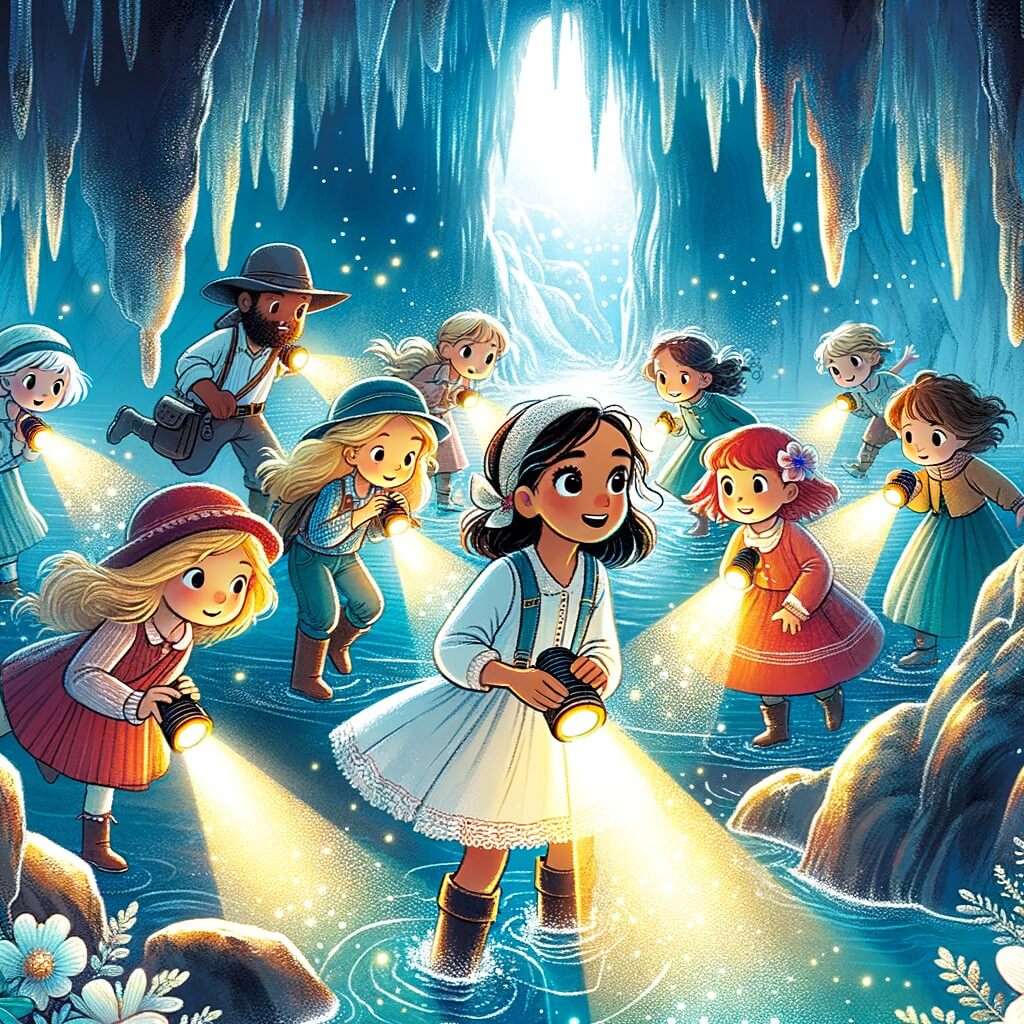 Une illustration pour enfants représentant une petite fille intrépide, entourée de ses amis, partant à l'aventure dans une forêt mystérieuse où se cache une grotte secrète.