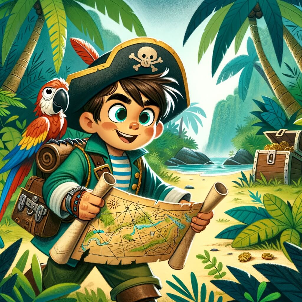 Une illustration pour enfants représentant un jeune explorateur intrépide, embarqué dans une aventure palpitante sur une île mystérieuse.