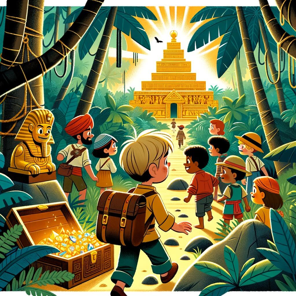 Une illustration pour enfants représentant un petit aventurier courageux et curieux se trouvant sur une île mystérieuse.