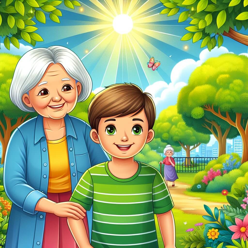 Une illustration destinée aux enfants représentant un petit garçon au sourire radieux, accompagné d'une vieille dame aux cheveux argentés, se promenant sous les arbres verdoyants d'un parc ensoleillé, égayant les journées des enfants malades à l'hôpital.