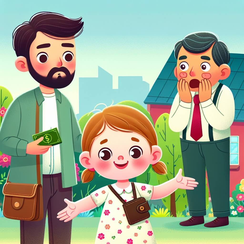 Une illustration destinée aux enfants représentant une petite fille aux joues rougies, se tenant devant sa maman déçue, avec un portefeuille trouvé et un homme surpris, le tout se passant dans une maison colorée avec un jardin fleuri.