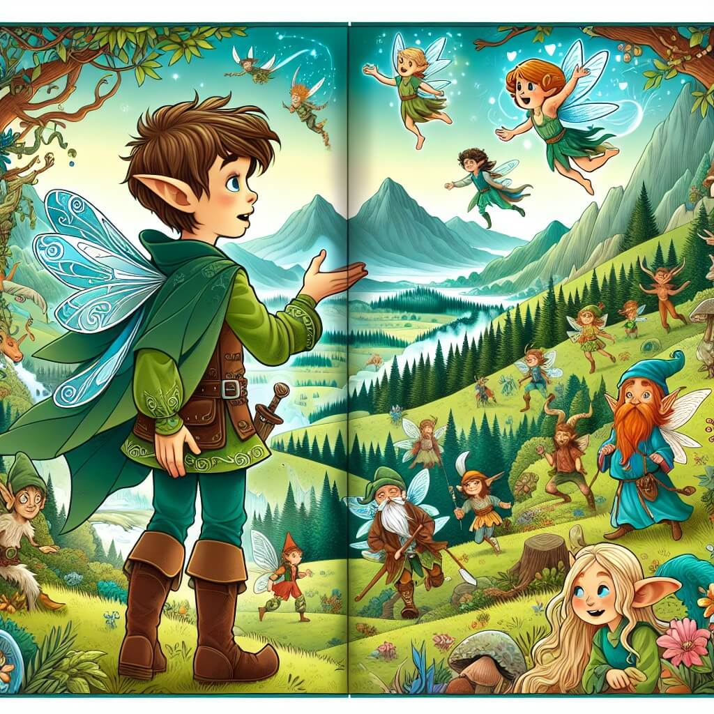 Une illustration destinée aux enfants représentant un petit garçon aux pouvoirs mystérieux, plongé dans une quête fantastique avec l'aide d'une fée espiègle, dans un royaume enchanté peuplé d'elfes, de fées et de nains, entouré de paysages féeriques et de créatures étranges.