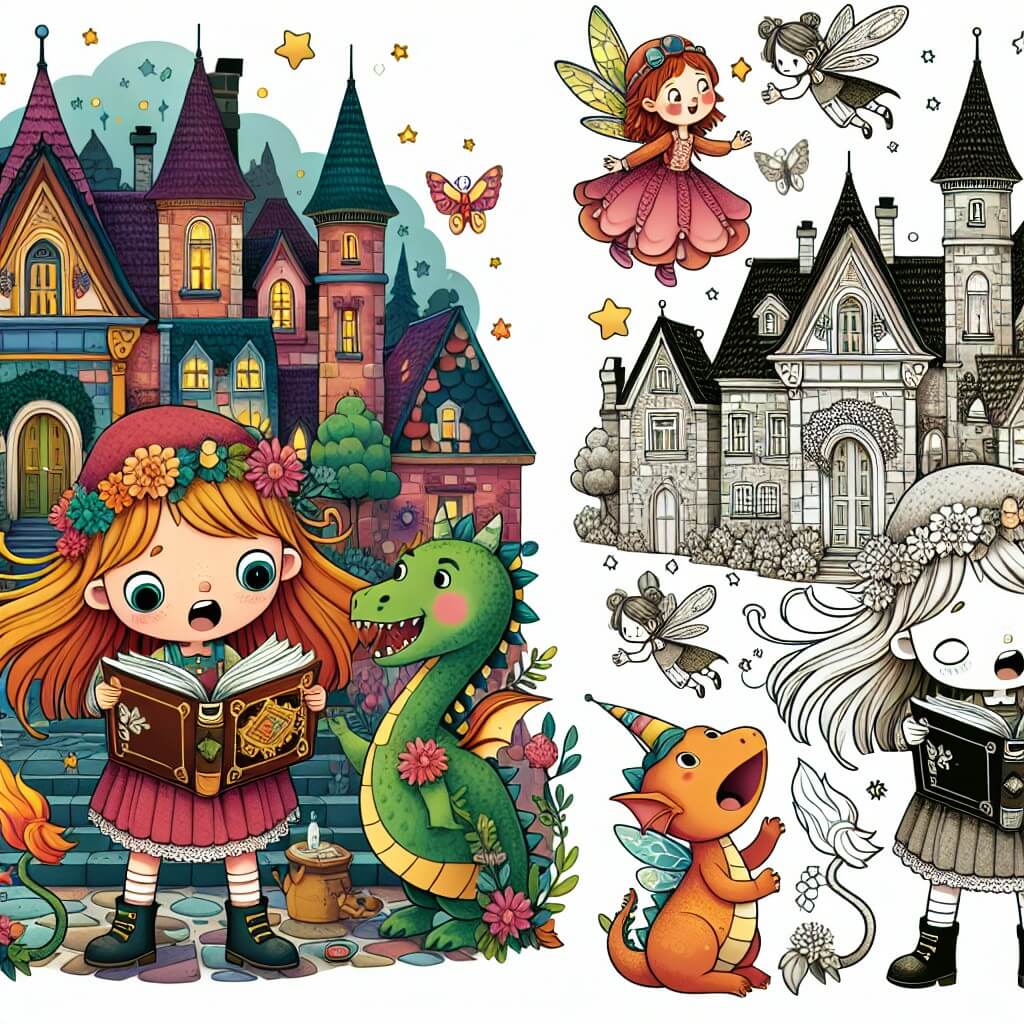 Une illustration destinée aux enfants représentant une petite fille curieuse et imaginative, découvrant un livre magique dans un vieux manoir abandonné, accompagnée d'un dragon joyeux et d'une fée timide, dans une petite ville aux rues bordées de maisons colorées et peuplées de créatures magiques.